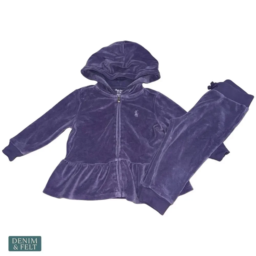 Polo Ralph Lauren‎ Baby Velour Peplum Hoodie Jogger Set Purple Pony Logo 12M